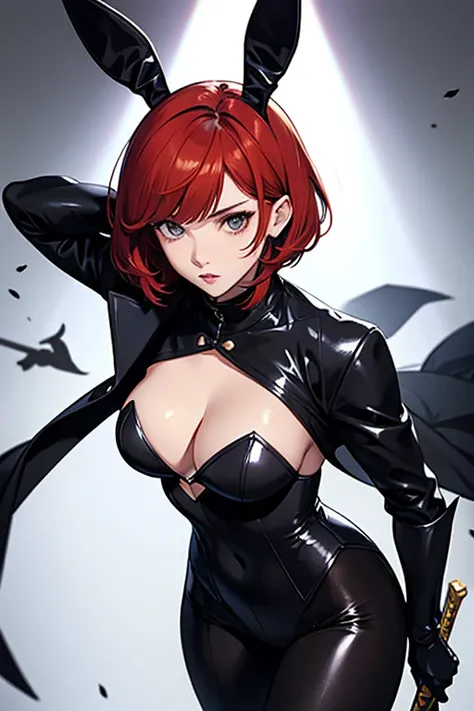 Woman in her twenties、Bunny girl、Black bunny suit、Armor、have a sword、Redhead Bob Cut