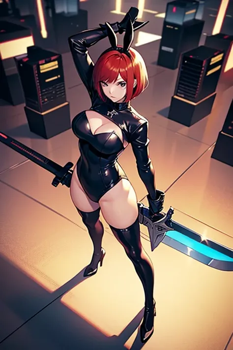 Woman in her twenties、Bunny girl、armor、black bunny suit、stockings、has a large sword、Redhead Bob Cut