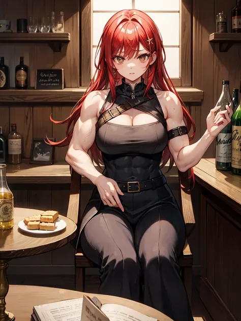 （（（masterpiece、Highest image quality、highest quality、highly detailed unity 8ｋwallpaper）））、（（（Illustration of one girl）））、（adventurer）、（（（neutral）））、cool、（（red hair、long hair））、golden eyes、（（tall））、（（（muscular and strong body、muscle girl、muscle）））、（（（manspr...