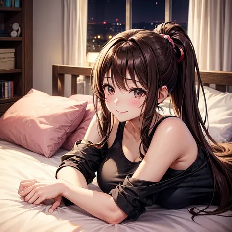 anime、beautiful girl、brown hair、black eyes shine、Change of clothes、room、night、smile、beautiful breasts、ponytail、Sleepy face、pajamas、night