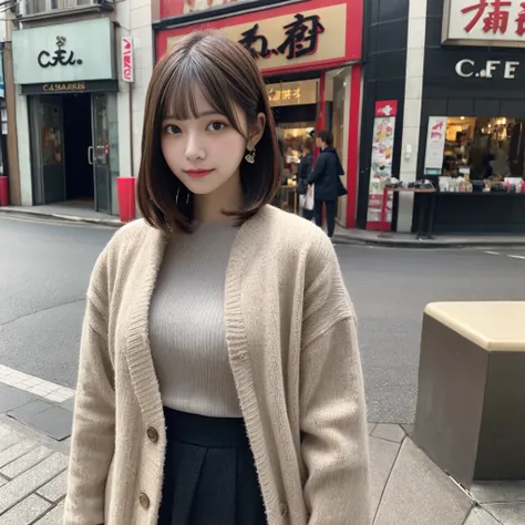 （master piece、8k、Raw photo、Reality）Japan Solo Women、Cafe、sweater、short bob cut、The season is winter、coat、detailed face、detailed body、detailed limbs、accessories、long skirt