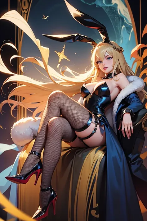 blonde blue eyes、long mink cloak、Queen、queen、20s、Long blonde、Bunny girl、Black bunny suit、Rabbit ears on the head、fishnet stockings on legs、stiletto heels、evil female magician、commander of evil