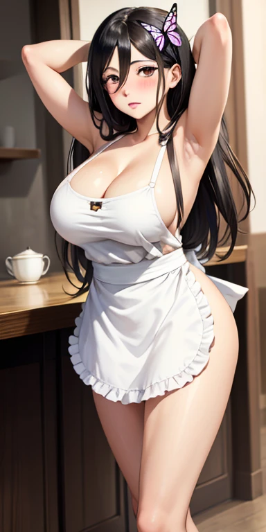 1girl, solo, black hair, butterfly hair ornament, (naked:1.3), (white apron), large breasts, arms up,cleavage, thighs, cafe background, (blushing:1.3),brown eyes, mikasa ackerman, standing, realistic eyes, perfect shaped beautiful body