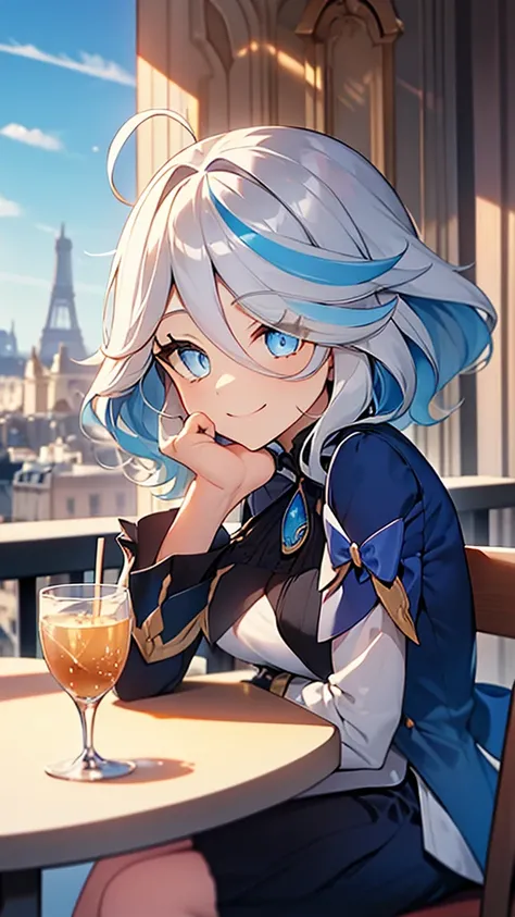 Masterpiece, high quality, 4k, best quality, Paris France city background, girl, blue-white hair, blue eyes, white casual clothes, black skirt, smiling, sitting on a cafe chair, and on the table there is a foamy drink