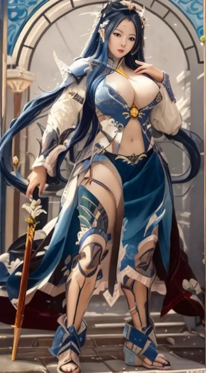 ((4k,masterpiece,best quality)), shuimobysim, Chinese painting, lotus, hanfu, maxiskit, dress open, swf 1girl, solo, long blue hair, smile, standing, feet in the water, barefoot,