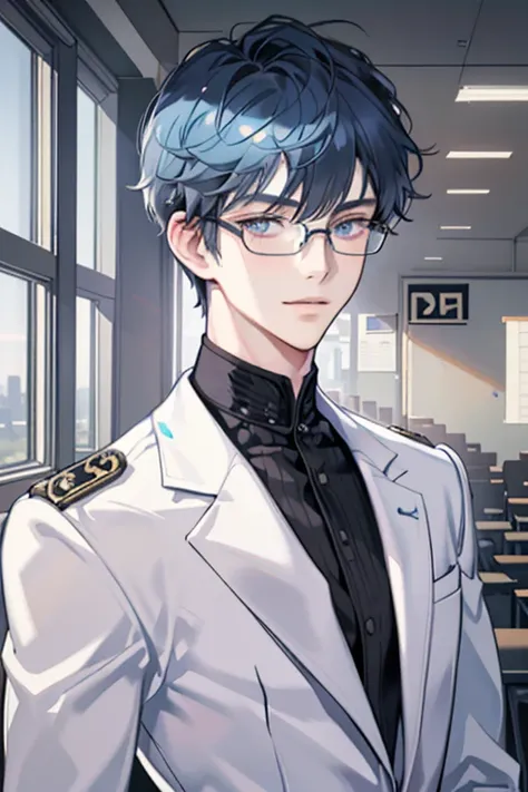 masterpiece, best quality, 1man, short hair, hair trimmed short, very short hair tousled back, comma bangs, handsome student, solo, trendy, light blue hair, lavender eyes eyes, lean body, tall body, skinny, little bruise on his face, glasses, masculine, al...