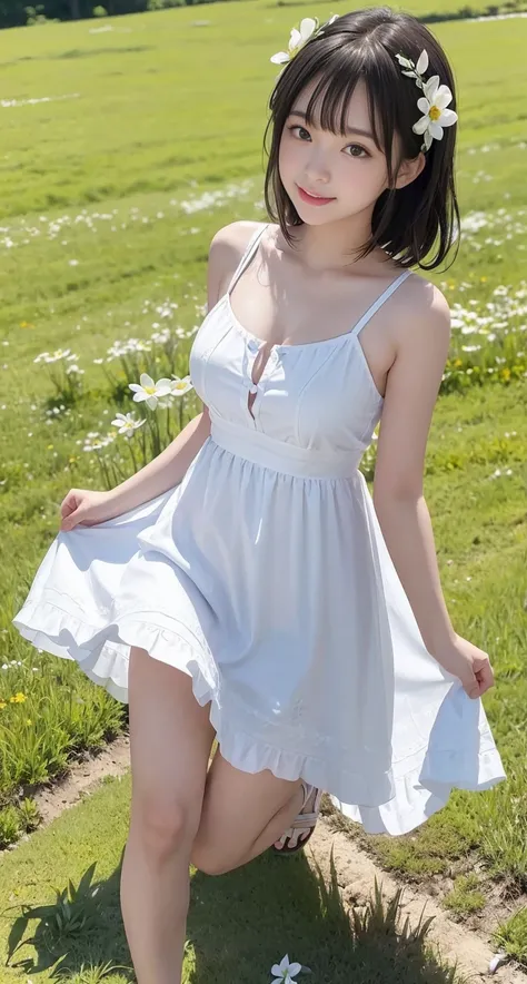 with a girl：her hair is black and short、14 years、laughter、Her face is round and cute。white and blue dress clothes、Floral。white sandal shoes、The ribbon is attached to the ankle。(running in the meadow with a girl:1.3)、scene：There is a beautiful scene floatin...