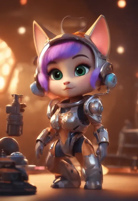 small pussy,，Magic, personification,upper body length，short legs， equip yourself with futuristic machines，carry mechanical weapons, The background is a colorful universe. Pixar Animation, funky blind box, OC render, ray tracing, high quality, high detail, ...