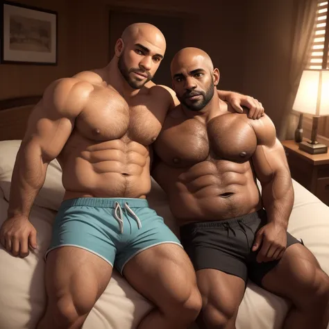 a couple of two stocky, large, bald dark-skinned men comfortably and casually chilling together on bed. They are wearing shorts. one has a goatee and has black skin. the other has brown skin and a full beard. caring, tenderness. Isometric perspective, dram...