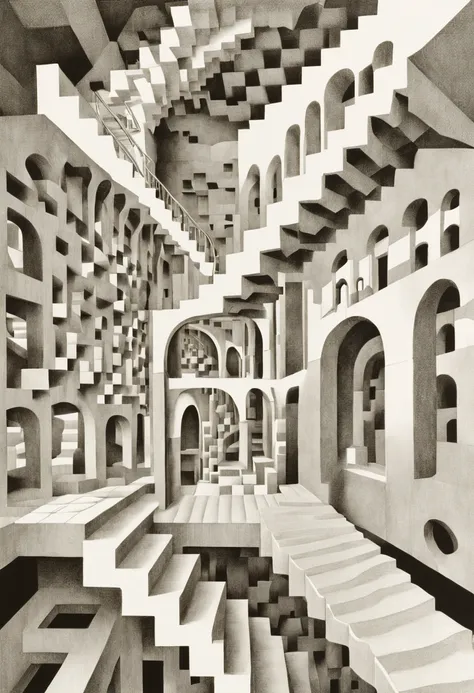 (voronoi diagram), architecture stairs inside an impossible geometrical pattern by escher, optical illusion, math illustration, ...