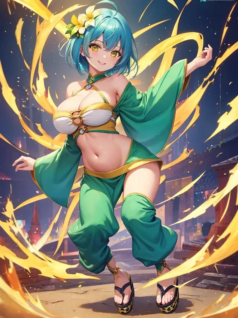 (masterpiece, highest quality),Also:zero, 1 girl(blue hair, short hair, bangs, Green and yellow eyes) , hair between eyes, hair flower, side lock, cleavage cutout, side boob, looking at the viewer, dynamic pose, smile,happiness, Super detailed, super beaut...