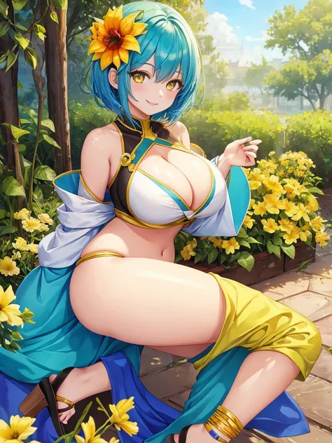 (masterpiece, highest quality),Also:zero, 1 girl(blue hair, short hair, bangs, Green and yellow eyes) , hair between eyes, hair flower, side lock, cleavage cutout, side boob, looking at the viewer, dynamic pose, smile,happiness, Super detailed, super beaut...