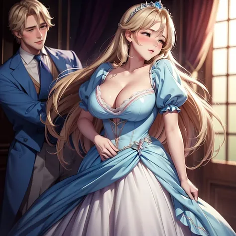 Blushing Cinderella in a soft-breasted dress stands in front of a handsome prince, a prince with blond hair stands behind her and hugs her waist, In the palace, sexual desire