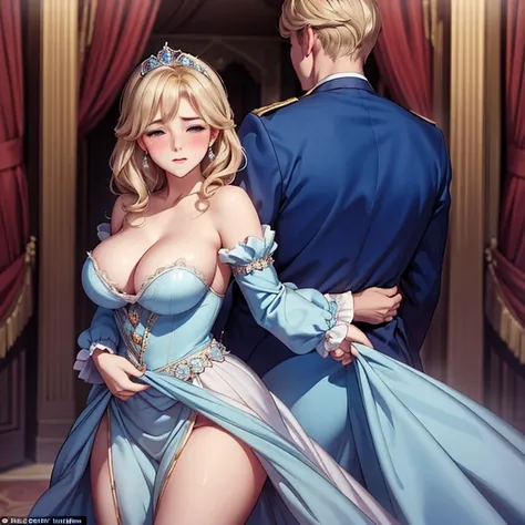 Blushing Cinderella in a soft-breasted dress stands in front of a handsome prince, a prince with blond hair stands behind her and hugs her waist, In the palace, sexual desire