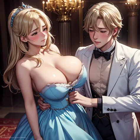 Blushing Cinderella in a soft-breasted dress stands in front of a handsome prince, a prince with blond hair stands behind her and hugs her waist, In the palace, sexual desire