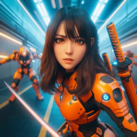 a woman in a futuristic suit holding a sword in a hallway, cyberpunk anime girl mech, realistic anime 3 d style, 3 d render character art 8 k, anime style 4 k, akihiko yoshida. unreal engine, cyberpunk art ultrarealistic 8k, badass anime 8 k, hyper-realist...