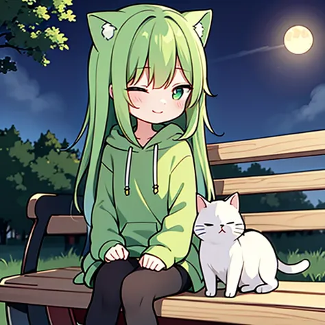 She is sitting on a bench in the park。She has short yellow-green hair、There is a person in the park wearing a green hoodie and a hoodie of the same color as the hoodie.。He is wearing shorts and black tights.、A cat is curled up and sleeping on his lap.。She ...