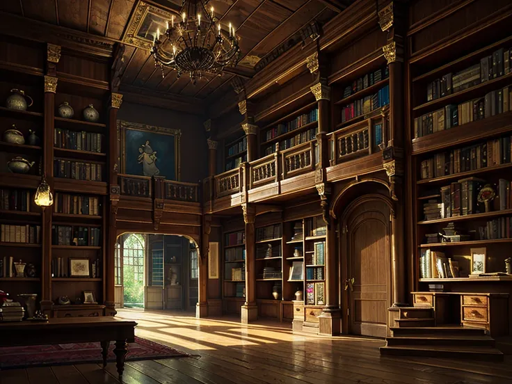 （（（masterpiece、Highest image quality、highest quality、highly detailed unity 8ｋwallpaper）））、（（（fantasy、grand library）））、（Lined bookshelves、complex and three-dimensional room）、high ceilings、dimly lit room