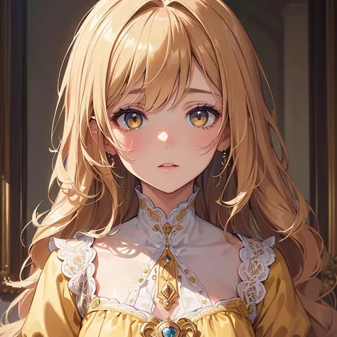 (best quality,high-resolution,ultra-detailed,masterpiece:1.2),portraits,girl,light yellow dress coat,brown medium wavy hair,beautiful detailed eyes,beautiful detailed lips,extremely detailed eyes and face,longeyelashes,looking at viewer,dreamy atmosphere,s...