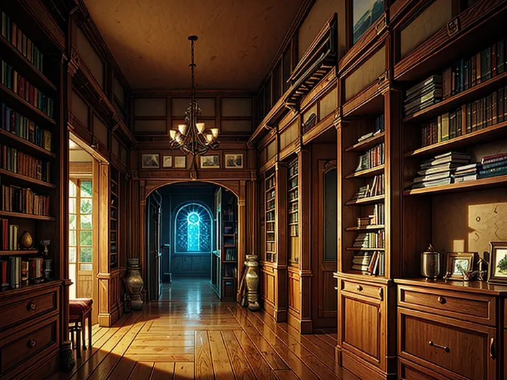 （（（masterpiece、Highest image quality、highest quality、highly detailed unity 8ｋwallpaper）））、（（（fantasy、grand library）））、（Large amount of books、Lined bookshelves、books stuck on the bookshelf、complex and three-dimensional room）、high ceilings、dimly lit room