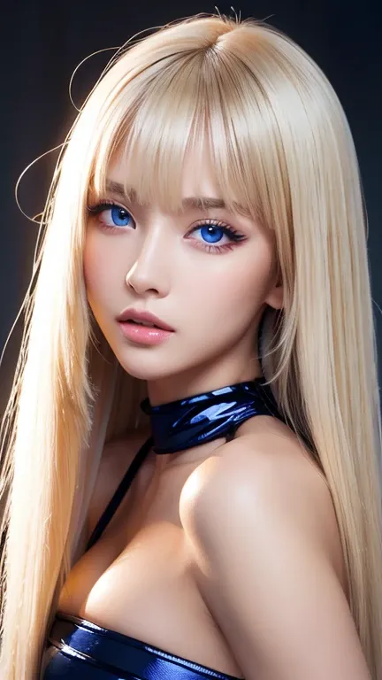 unparalleled beauty, Glossy firm and shiny skin, bangs between the eyes, Glossy Straight Beautiful Platinum Blonde, Super Long Straight Silky Hair, eyeliner, sexyで美しい無邪気な16歳, High definition amazing big beautiful bright blue eyes, beautiful and nice girl, ...