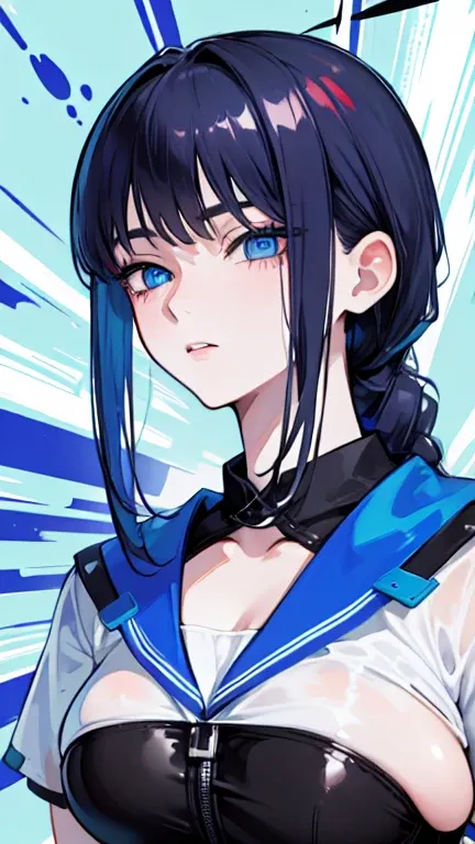 Best Quality, Masterpiece: 1.2, Ultra Detail, (Highest Detail Face: 1.2), 1girl, Long hair, Black hair, inner blue hair, blue eyes, big breasts, thick tighs, full body,