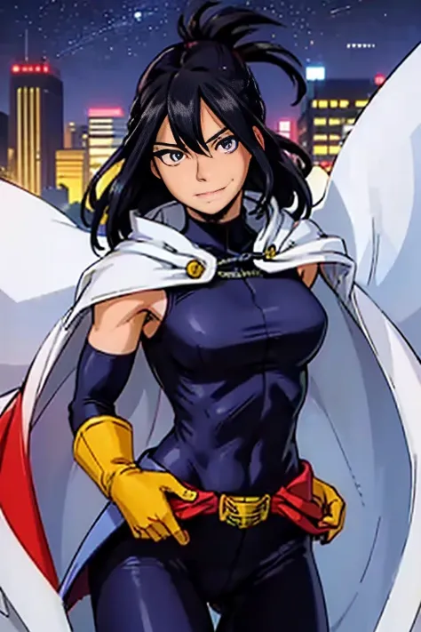 (masterpiece, highest quality:1.4), cinematic light, colorful, high contrast, (1 girl), Na Shimura々, boku no hero academia,  black hair, mole under mouth, big breasts, (blue eyes), hair between eyes, No sleeve, black bodysuit, red belt, white cloak, yellow...