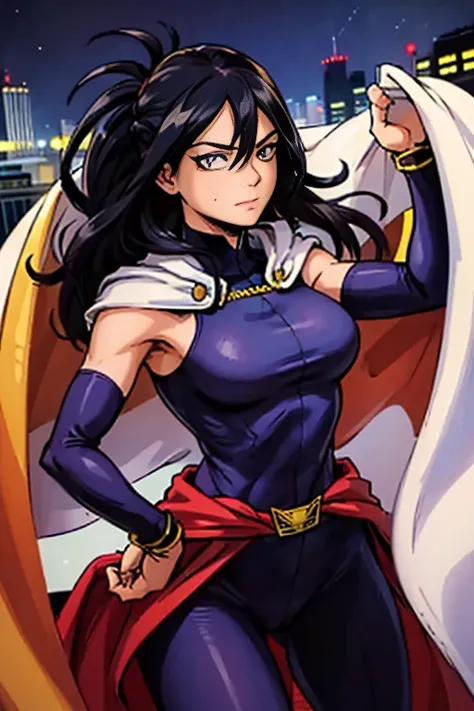 (masterpiece, highest quality:1.4), cinematic light, colorful, high contrast, (1 girl), Na Shimura々, boku no hero academia,  black hair, mole under mouth, big breasts, (blue eyes), hair between eyes, No sleeve, black bodysuit, red belt, white cloak, yellow...