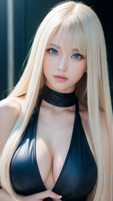 unparalleled beauty, Glossy firm and shiny skin, bangs between the eyes, Glossy Straight Beautiful Platinum Blonde, Super Long Straight Silky Hair, eyeliner, sexyで美しい無邪気な16歳, High definition amazing big beautiful bright light blue eyes, beautiful and nice ...