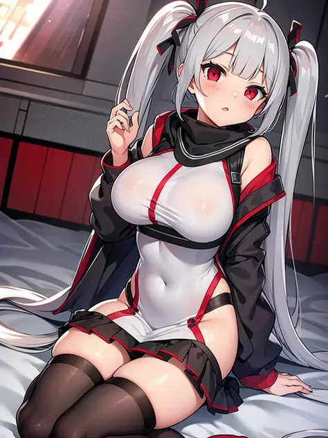 gray hair　long twin tails　red eyes　Clothing of the near future　good thighs　side boob