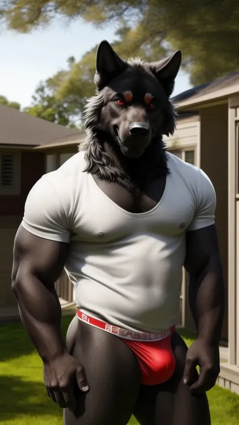 Spicy portrait of a furry wolf alone seductive smile wearing a sexy Jockstrap G-string and a white t-shirt looking at the viewer beautiful and sexy red eyes muscular man a realistic house background outside outdoors hot and rough posing for camera endowed ...