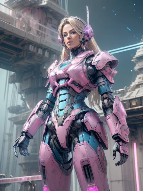 Photorealistic Image ((Masterpiece)), ((High Quality)) UHD 8K, of a Beautiful, Realistic Slim Lights Transforming Robot, (Medium Chest), (Skinny Waist), (Long Blonde Hair), (Blue Eyes)), ((Hyper-realistic mecha armor, with pink metal and intricate ice blue...