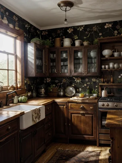 a dark old kitchen with floral wallpaper and wood cabinets with glass and some old objects and candles 