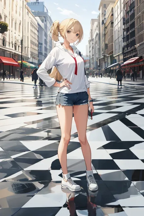 Beautiful girl standing on a chess board patterned floor