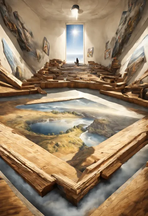 Photorealistic Image Prompt: (An astonishing anamorphic illusion) painted on the floor of a large, open space. The artwork features a distorted and elongated image that can only be perceived correctly when viewed from a specific angle or vantage point. The...