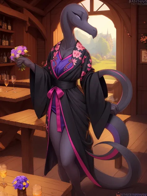 uploaded on e621, 3d , (bastika, cutesexyrobutts, hioshiru), female, solo, salazzle, tavern, (wearing a black kimono, long kimon...