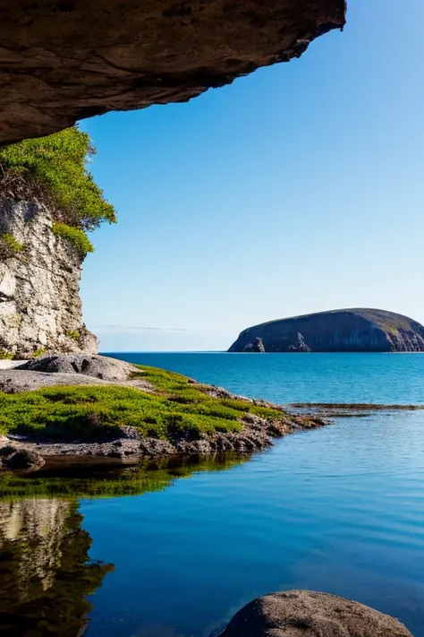 Craft a clean and evocative prompt that captures the authentic essence of Fogo Island during daylight. Picture the real water gently lapping against the coast, reflecting the natural hues of the landscape. Transport readers to this serene island retreat, w...