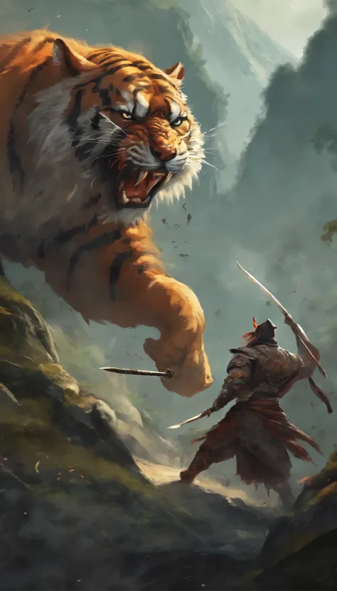 Chinese warrior fights tiger in mountain forest