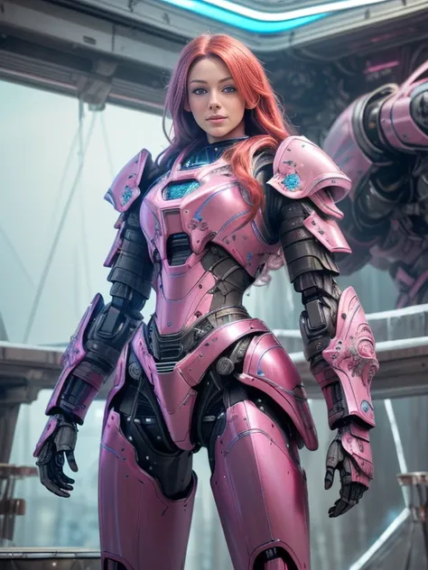 Photorealistic Image ((Masterpiece)), ((High Quality)) UHD 8K, of a Beautiful, Realistic Slim Lights Transforming Robot, (Medium Chest), (Skinny Waist), (Long red Hair), (Blue Eyes)), ((Hyper-realistic mecha armor, with pink metal and intricate ice blue li...