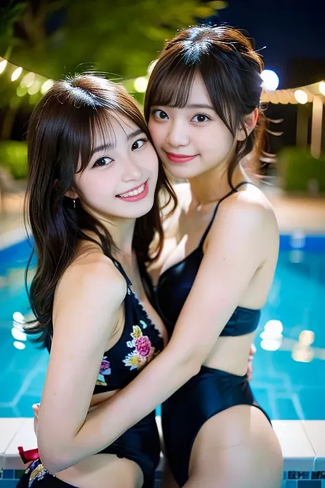 highest quality, masterpiece, ultra high resolution, (realistic:1.4), Raw photo, ultra detail, 

late at night, ((two girls, Members of two popular Japanese idol groups having a great time at the pool, completely drunk, each looked at each other, laughing ...