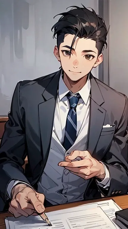 masterpiece, 最high quality, high quality, man 1、30 years old,alone, male focus, soft gaze, smiling、Black hair slicked back with pomade, brown eyes, Leather Shoes、necktie simple、Charcoal gray suit、working at the desk in the office