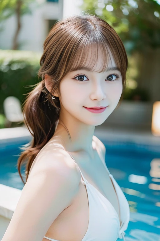 ((masterpiece, highest quality, High resolution)), 超High resolution, (nsfw), (realistic: 1.4), alone, smile, beautiful girl, ((Face like a kpop idol)), micro bikini, Are standing, 20-year-old, delicate and beautiful face, brown hair, ponytail, highest qual...