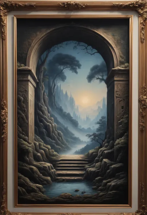 Optical Illusion, a 3d painting with frame on the wall, hand draw, 3D painting of mysterious entrance, like real, fantasy art, enhance, intricate, (best quality, masterpiece, Representative work, official art, Professional, 8k)