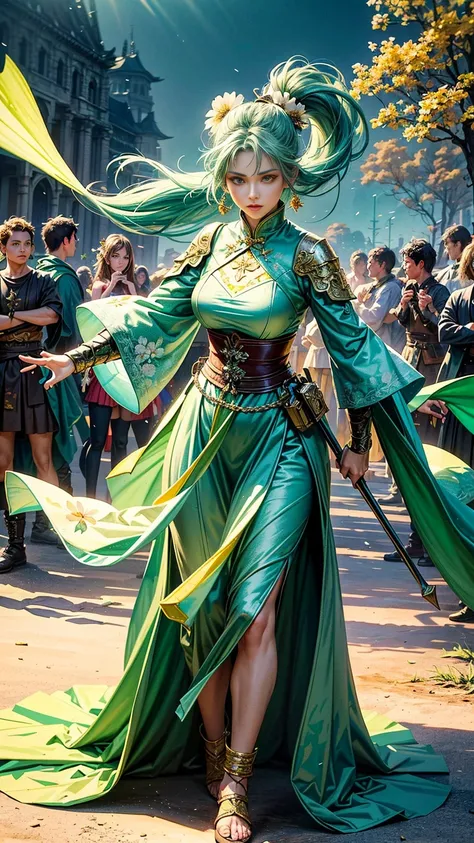 a full body picture of figures，Depicts a fantasy female warrior in a holding a staff。bright green eyes, standing in an imposing pose looking at the viewer，The expression is threatening。full battle outfit in shades of green。Soft, warm lighting highlights he...