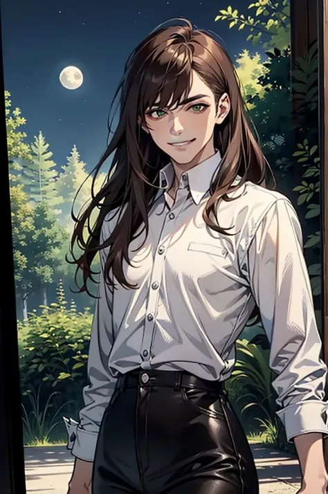 (disorganized, High resolution, Super detailed), 1 man, 30 years old man, Adult man, good looking, expensive,, small eyes and small face, Black leather pants, white shirt, night, smile, dutch angle, ((long hair, brown hair)), moon, forest, bad, gothic, dar...