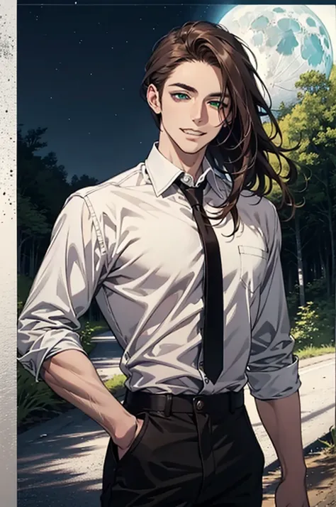 (disorganized, High resolution, Super detailed), 1 man, 30 years old man, Adult man, good looking, expensive,, small eyes and small face, Black leather pants, white shirt, night, smile, dutch angle, ((long hair, brown hair)), moon, forest, bad, gothic, dar...