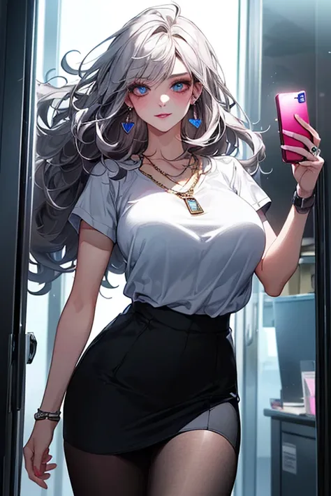 cabelos preto e longos，Black color hair，（best qualtiy，8K，tmasterpiece），(Stand inside the office，Holding a cell phone in his hand，Capture，），(A pretty maiden，having fun，cabelos preto e longos，Long messy hair，curlies，Huge eyes:1.3，Long eyelashes，Delicate make...