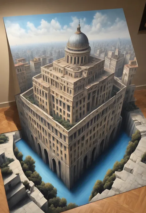 Optical Illusion art, Optical Illusion effect, 3d painting of building top on the ground, hand draw, reality, fantasy art, enhance, intricate, (best quality, masterpiece, Representative work, official art, Professional, 8k)