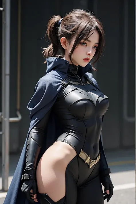 NSFW, 1 girl,  batmansuit, blue bodysuit,cape,  