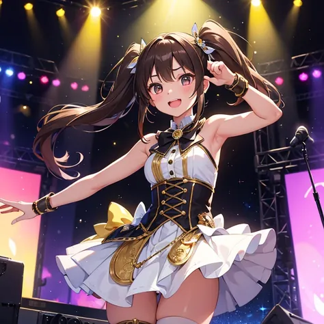 A girl with brown pigtails stands on a band stage, dressed in glittering idol costumes. Her sparkling attire reflects the vibrant lights of the stage, creating a mesmerizing visual effect. This masterpiece is crafted with the best quality, ensuring ultra-d...